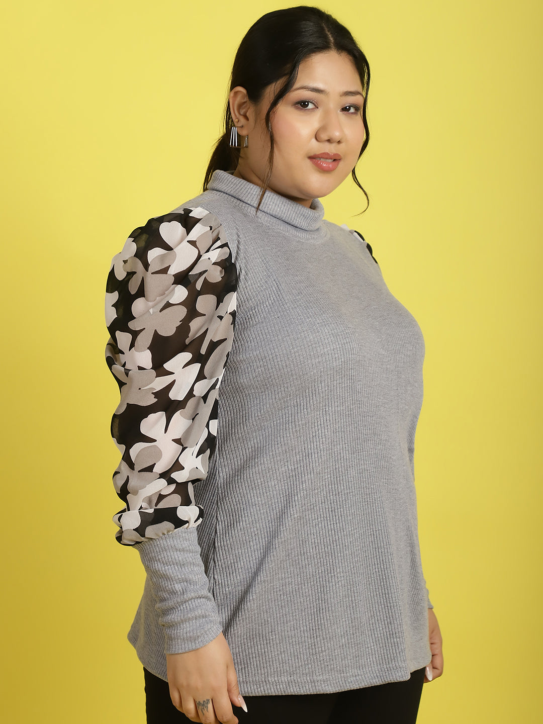 Plus size knitted Top with attached georgette sleeves