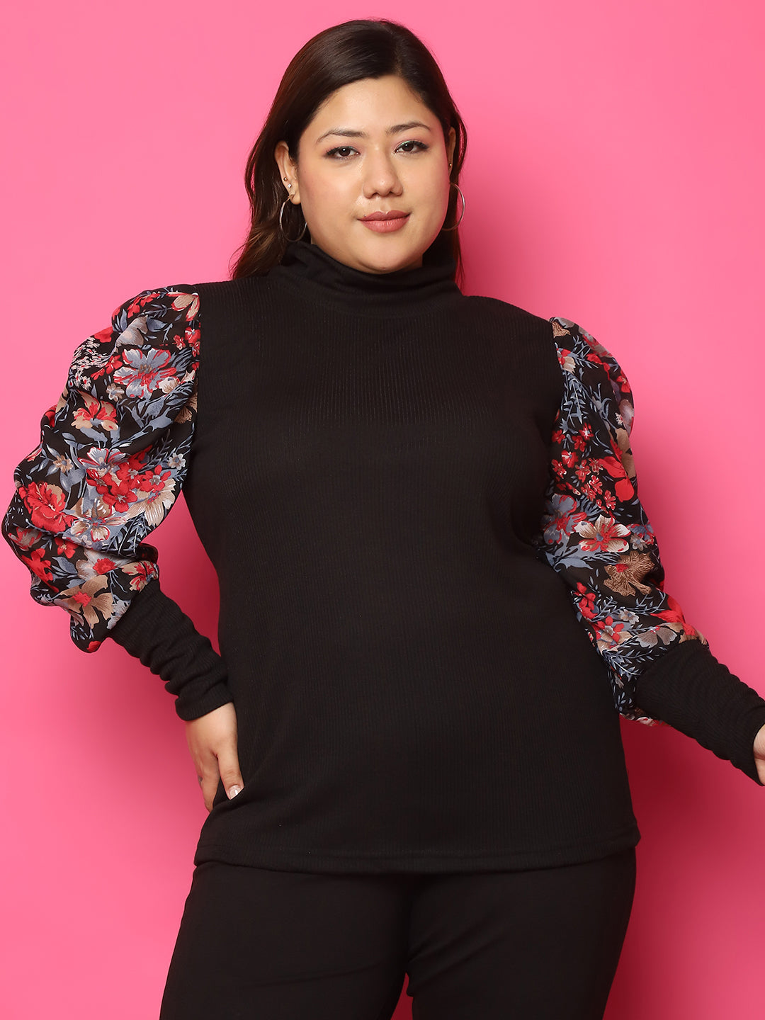 Plus size knitted Top with attached georgette sleeves