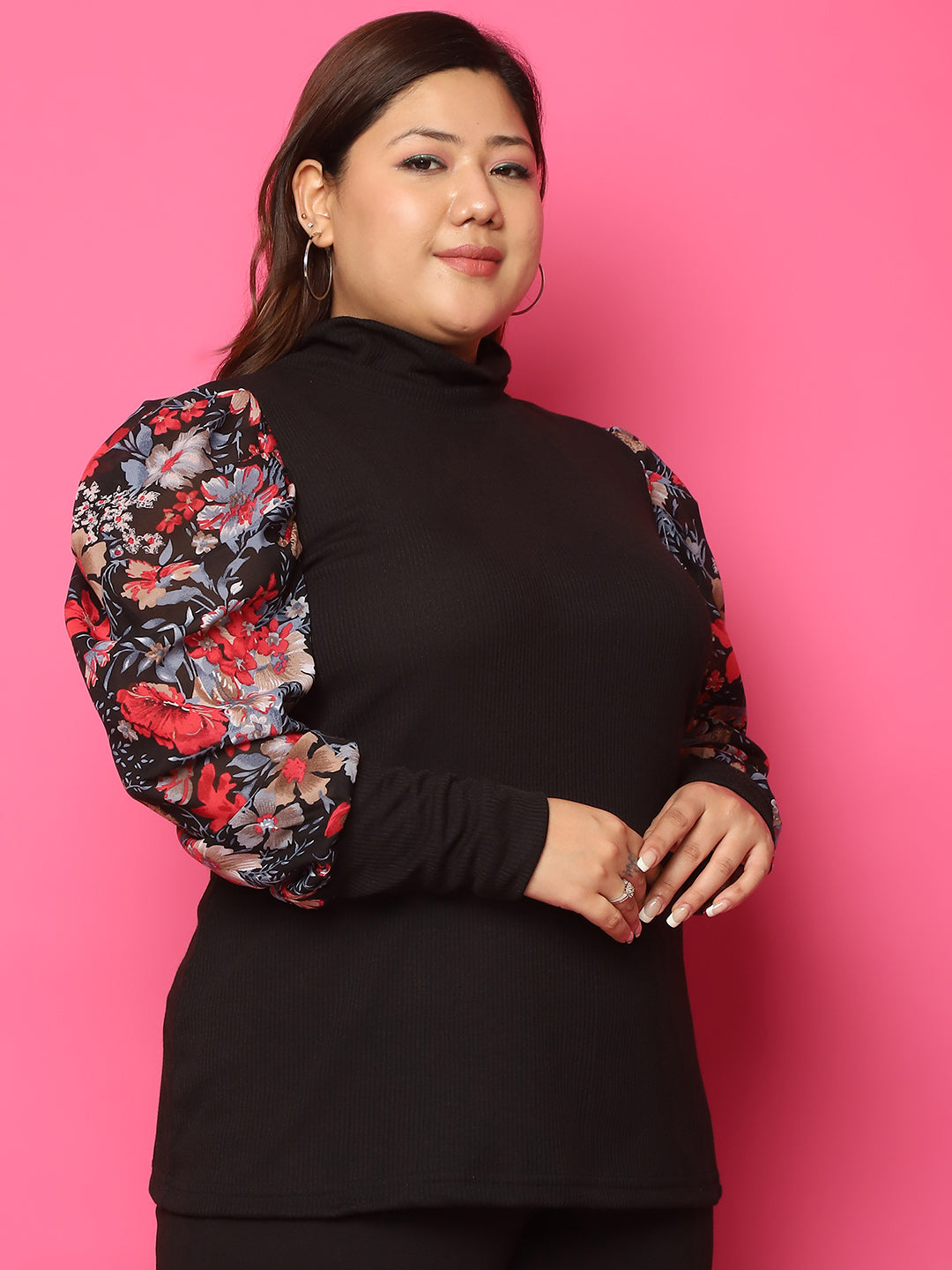 Plus size knitted Top with attached georgette sleeves