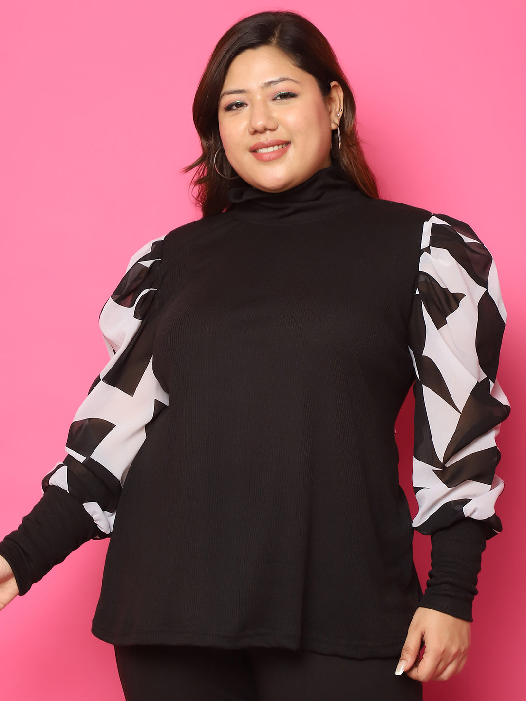 Plus size knitted Top with attached georgette sleeves