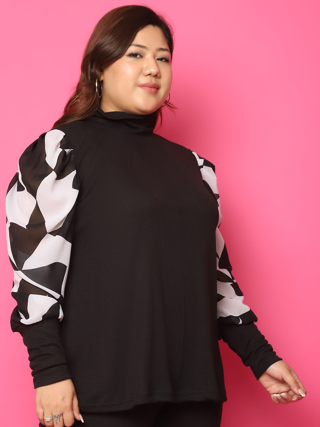 Plus size knitted Top with attached georgette sleeves