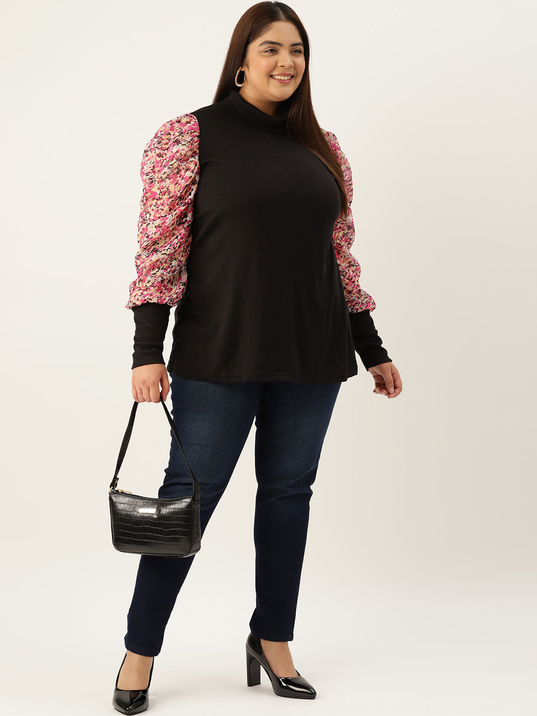 Plus size knitted Top with attached georgette sleeves