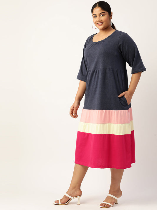 Plus Size Color Block A-Line Dress