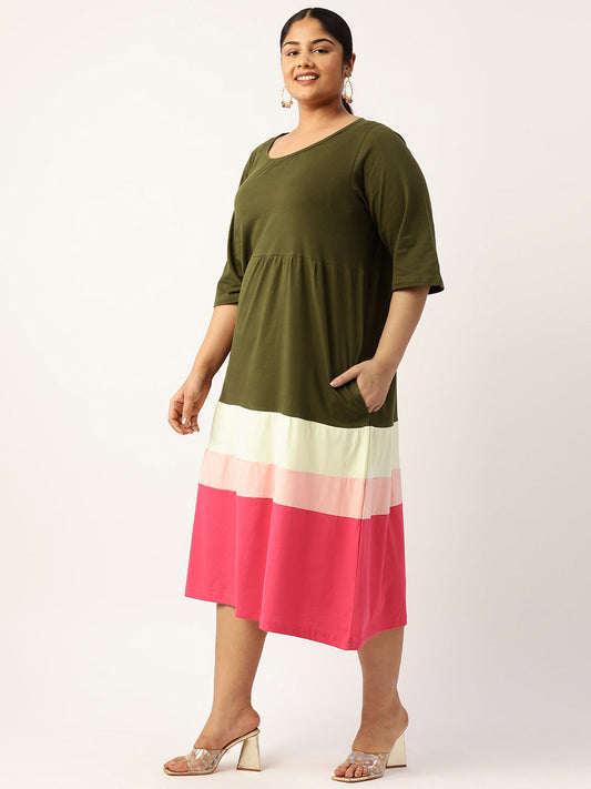 Plus Size Color Block A-Line Dress