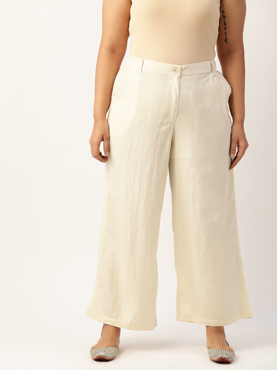 Women Plus Size High-Rise Linen Trousers