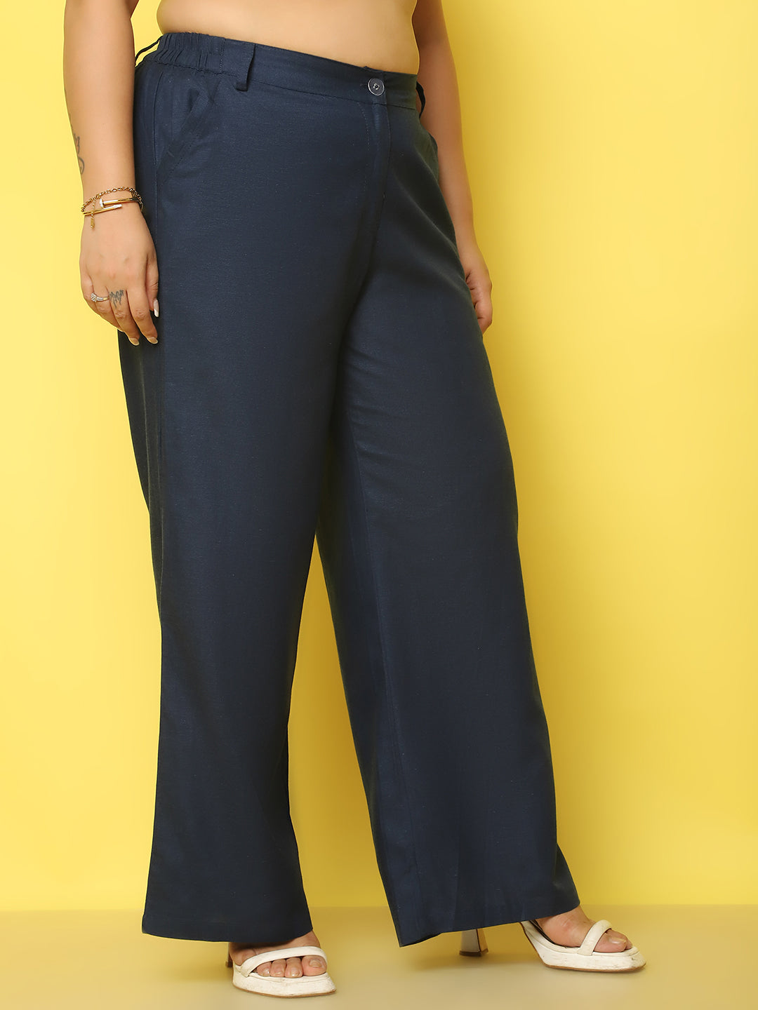 Women Plus Size High-Rise Linen Trousers