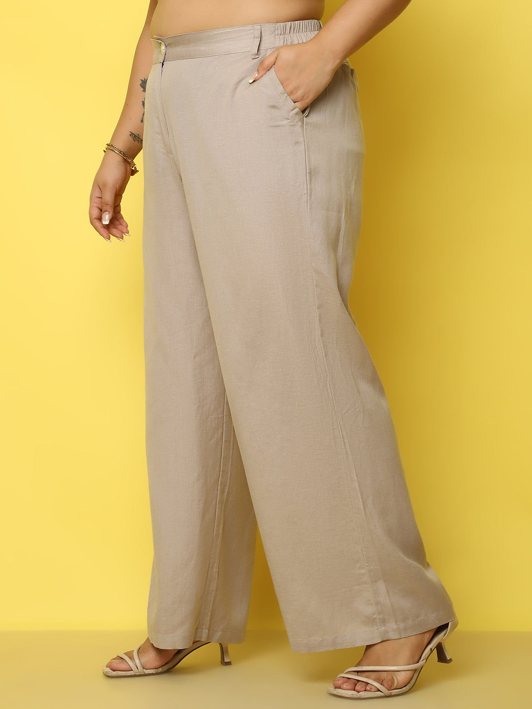 Women Plus Size High-Rise Linen Trousers