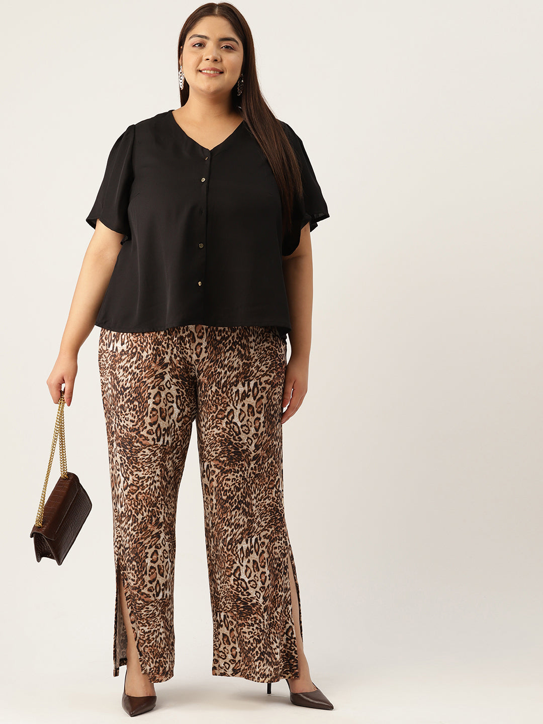 Women Plus Size Printed High-Rise Trousers