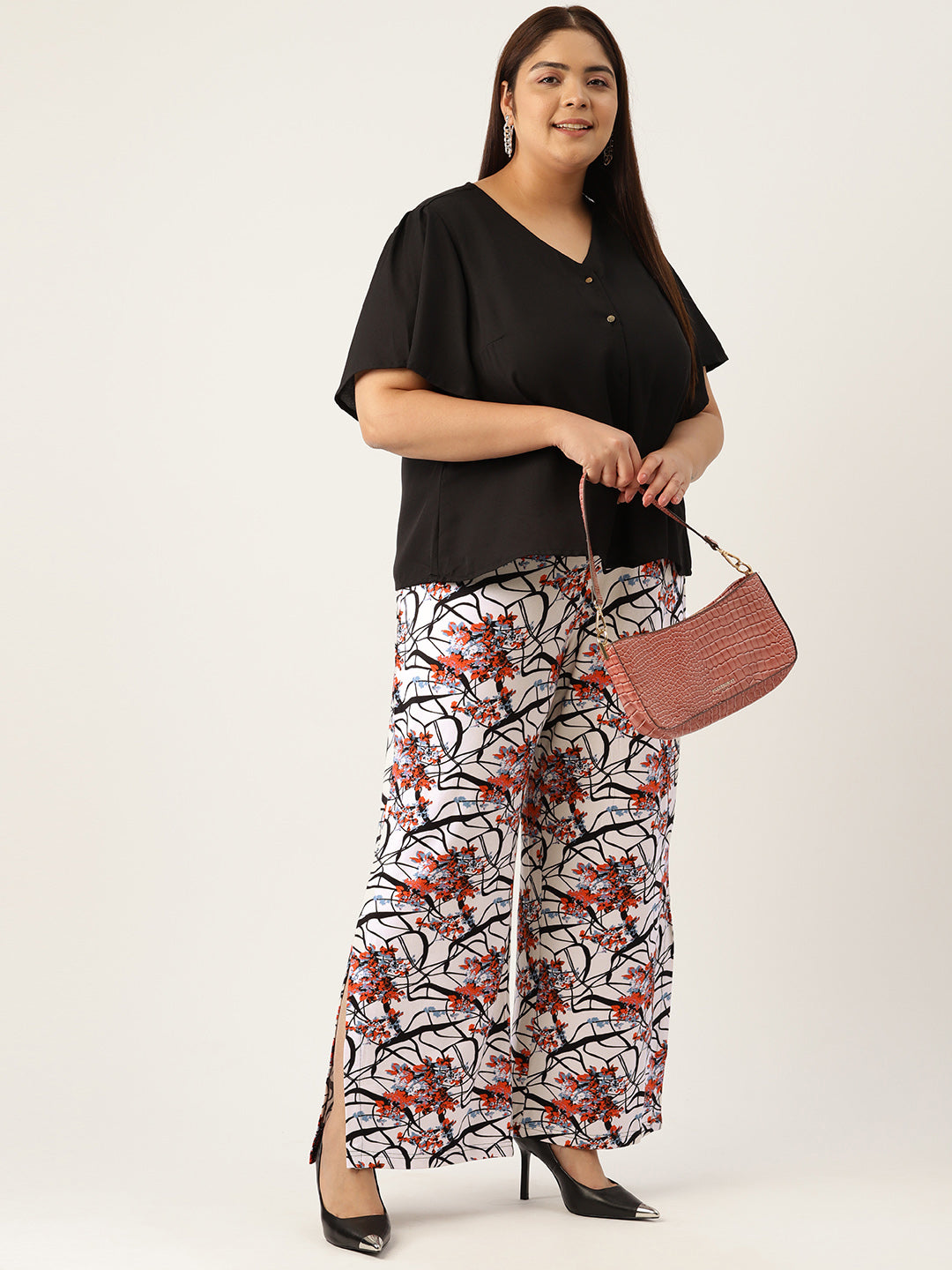 Women Plus Size Printed High-Rise Trousers