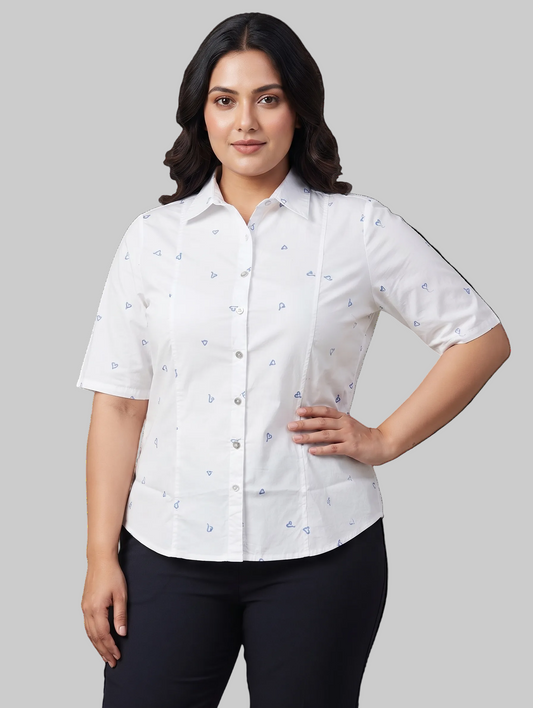 Classic white with delicate blue heart embroidered