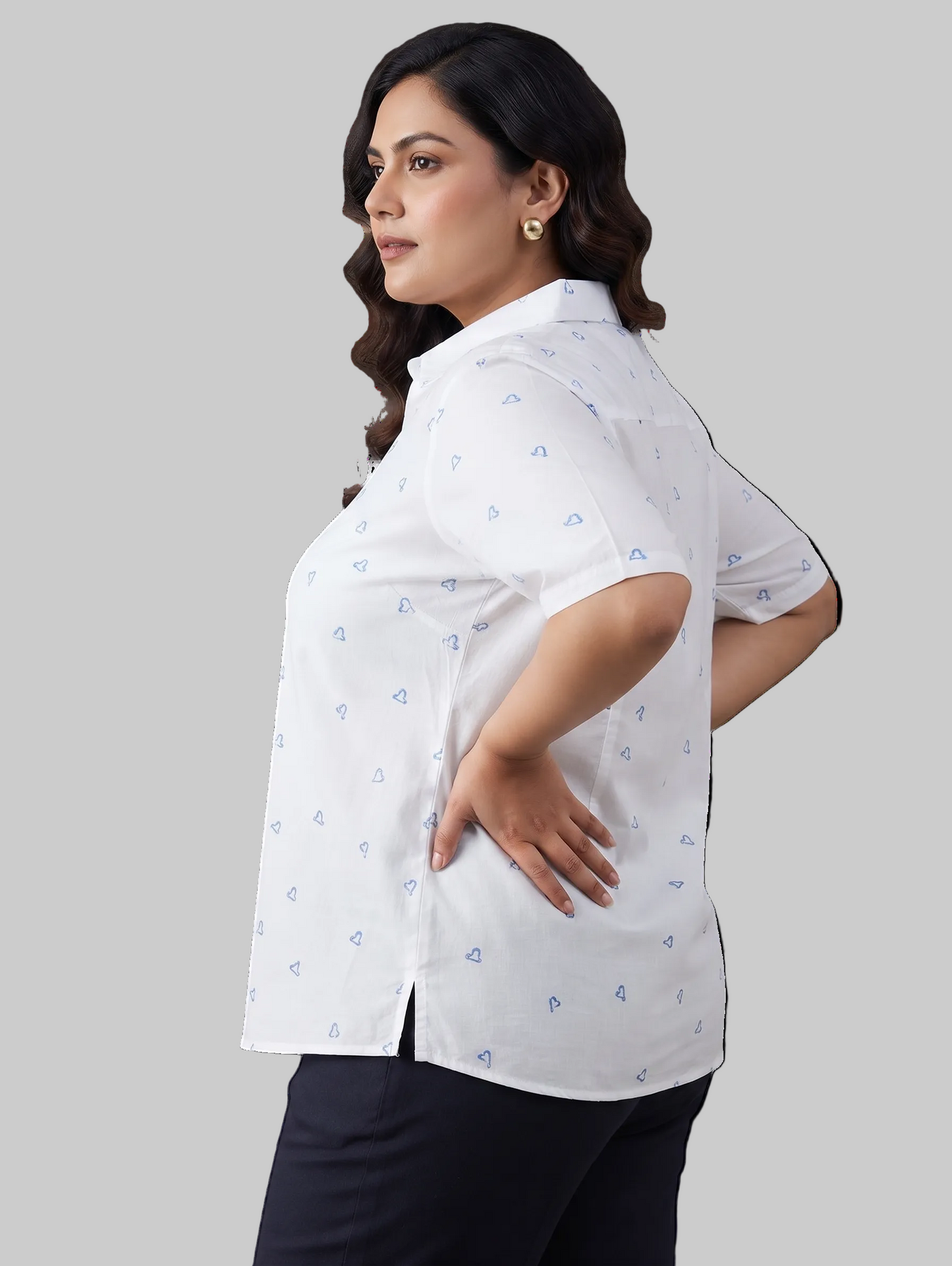 Classic white with delicate blue heart embroidered