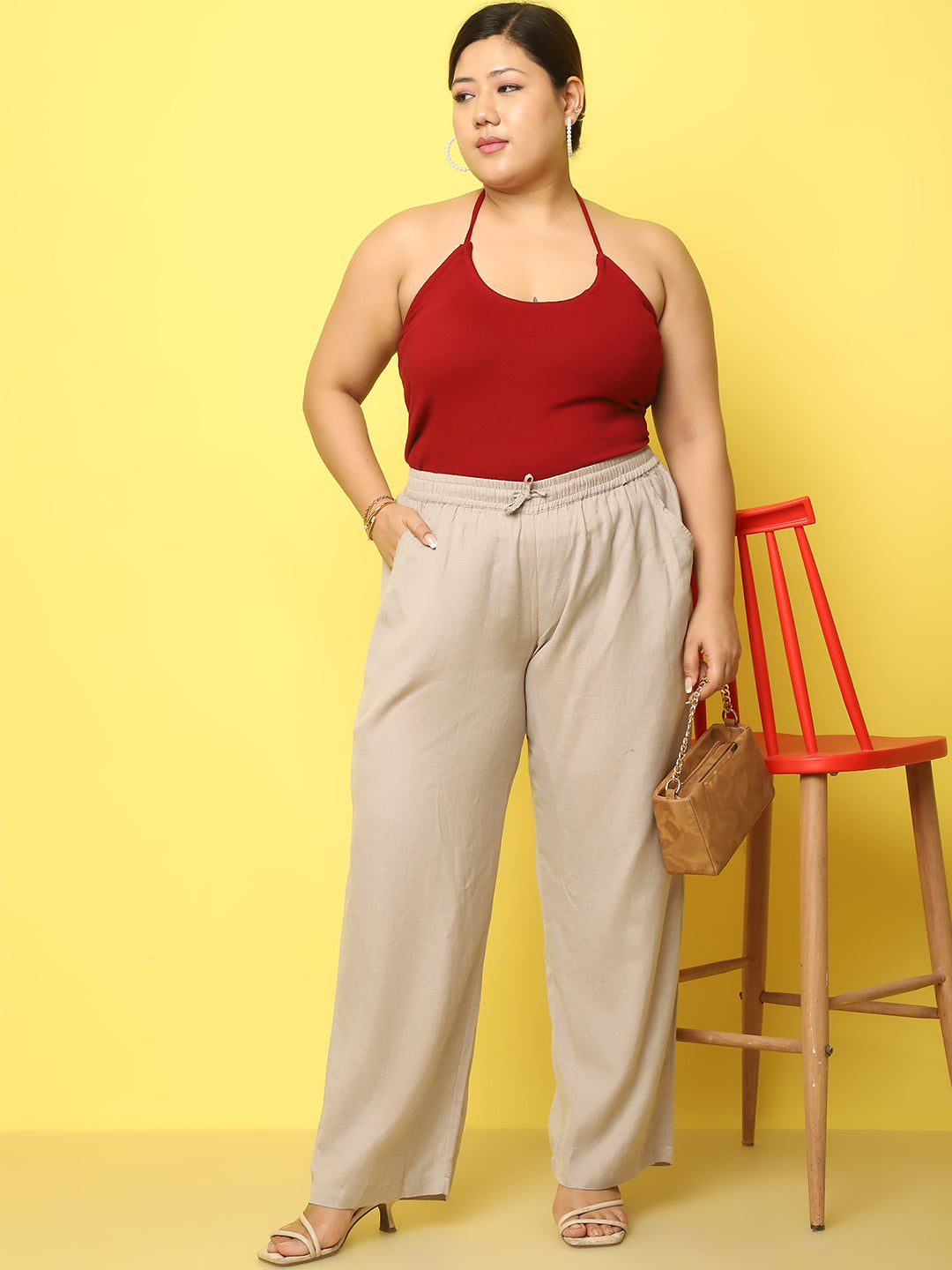 Women Plus Size Relaxed High-Rise Trousers