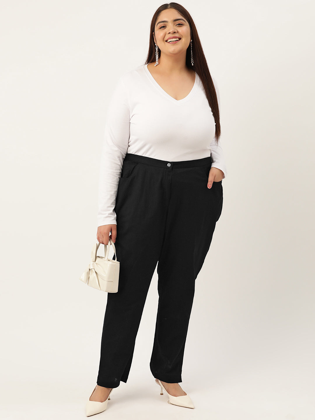 Women Plus Size Relaxed High-Rise Trousers