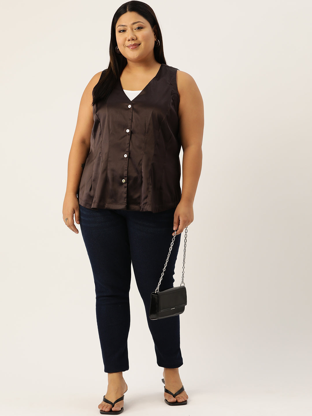 Plus Size Satin Shirt Style Top