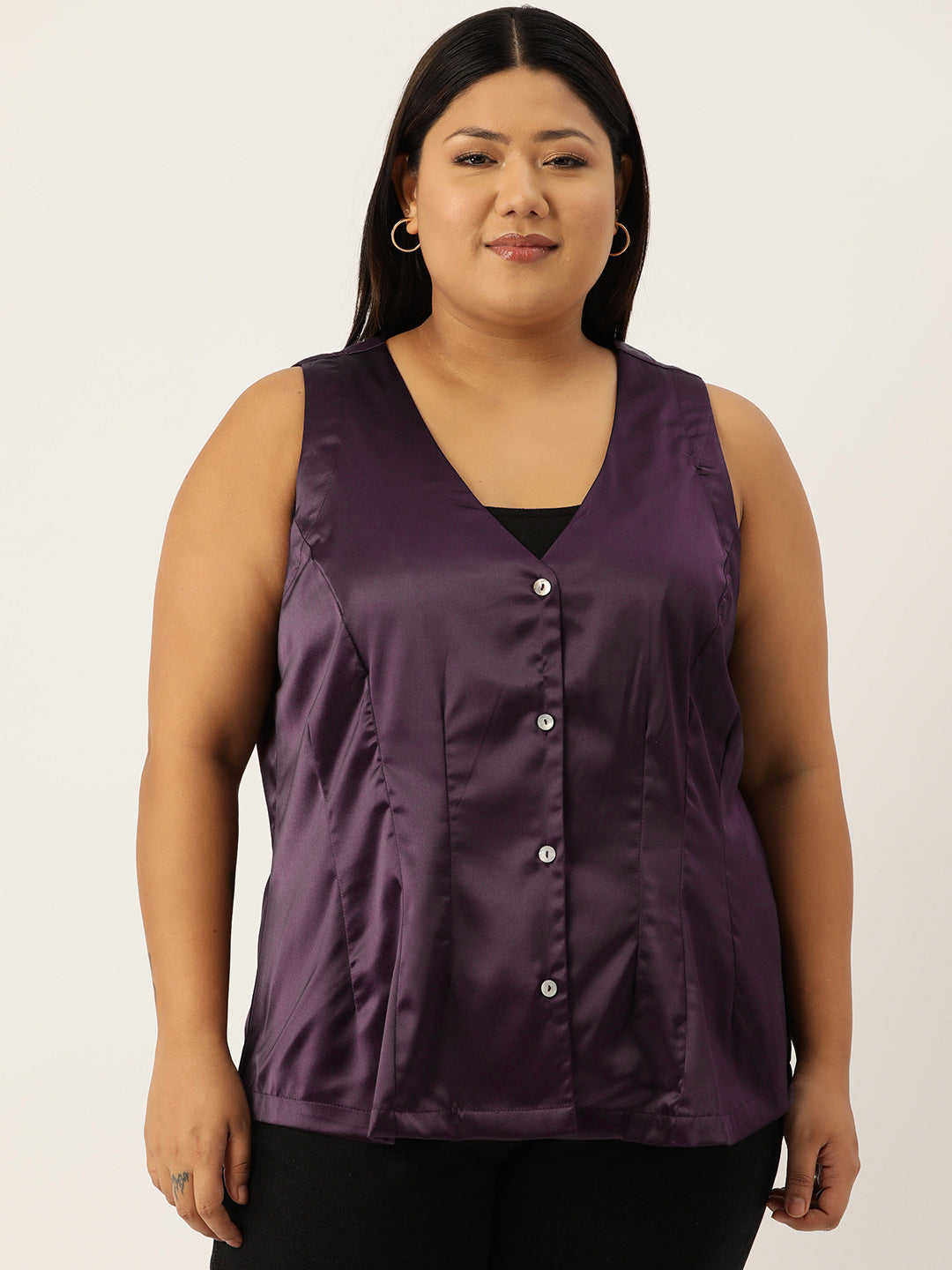 Plus Size Satin Shirt Style Top