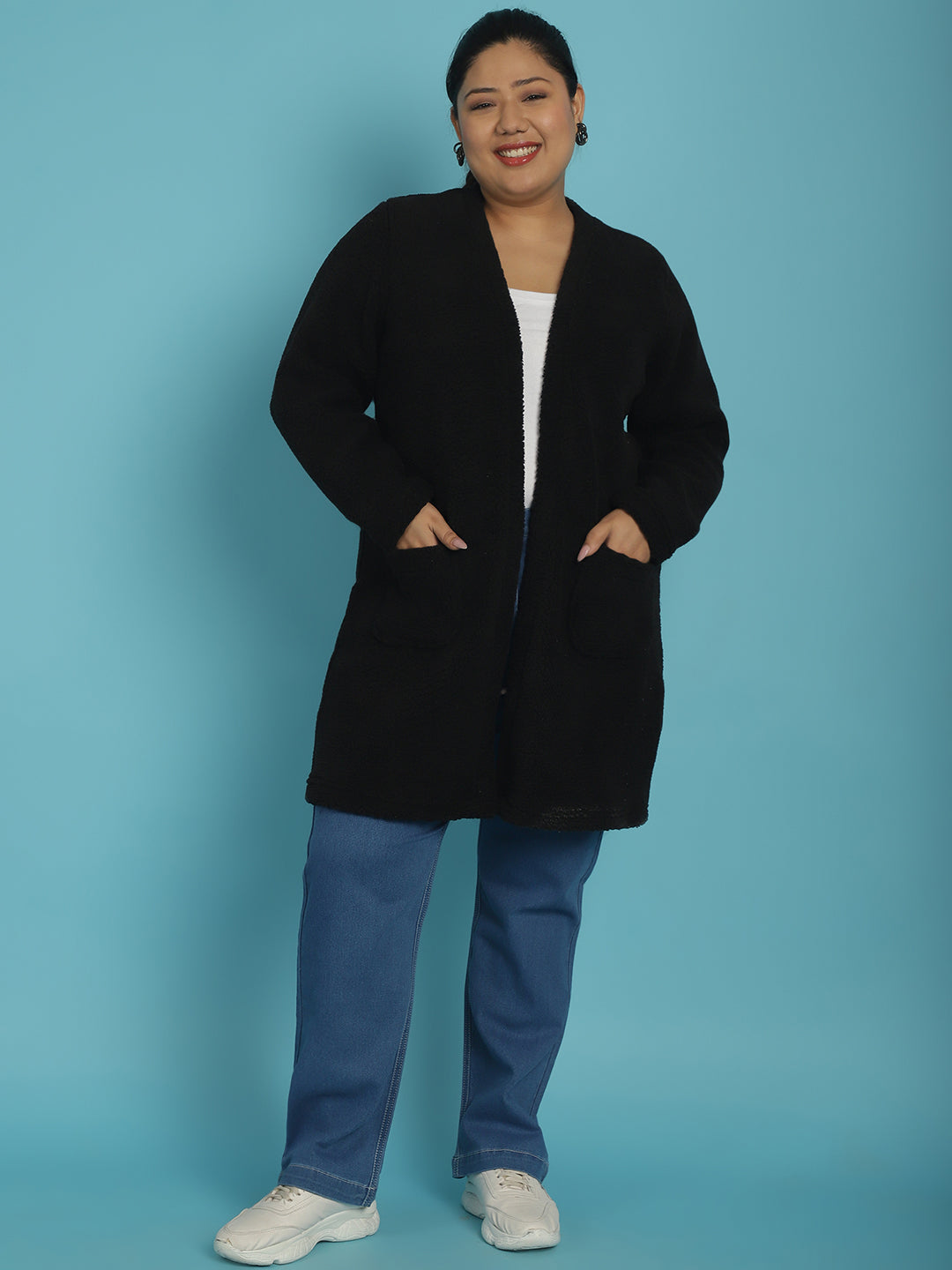 Plus Size Women's Solid Color Teddy Longline Jacket