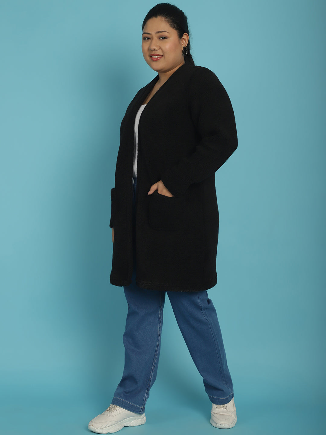 Plus Size Women's Solid Color Teddy Longline Jacket