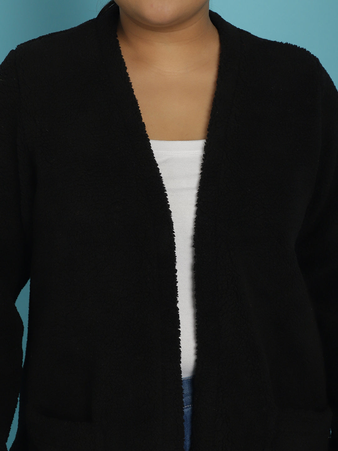Plus Size Women's Solid Color Teddy Longline Jacket