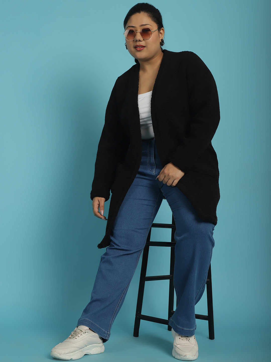 Plus Size Women's Solid Color Teddy Longline Jacket