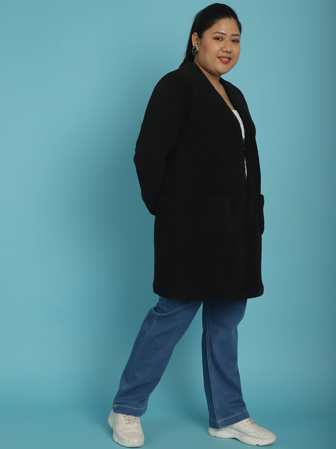 Plus Size Women's Solid Color Teddy Longline Jacket