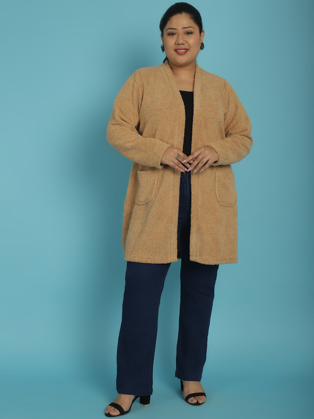 Plus Size Women's Solid Color Teddy Longline Jacket