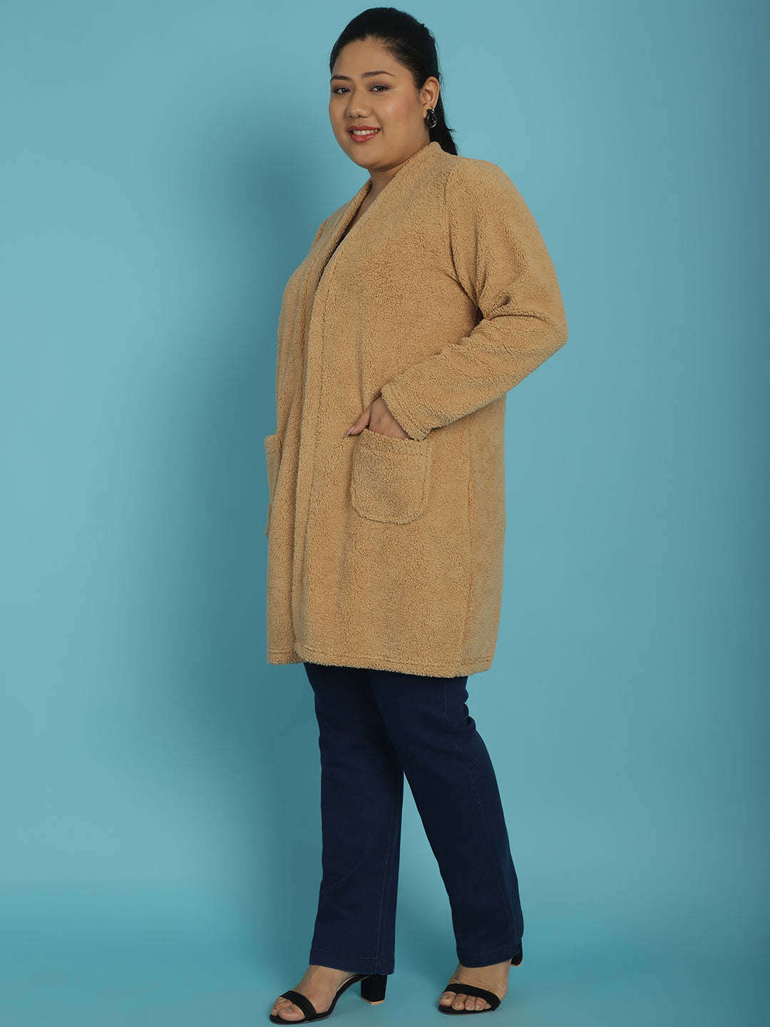 Plus Size Women's Solid Color Teddy Longline Jacket