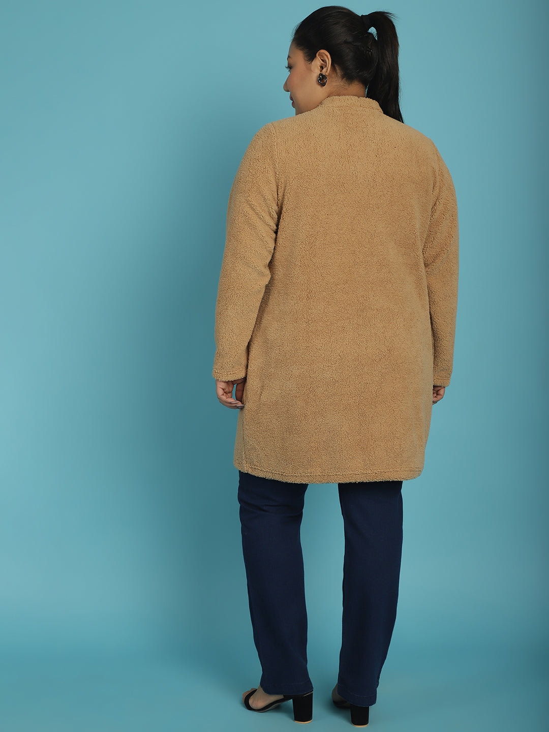Plus Size Women's Solid Color Teddy Longline Jacket