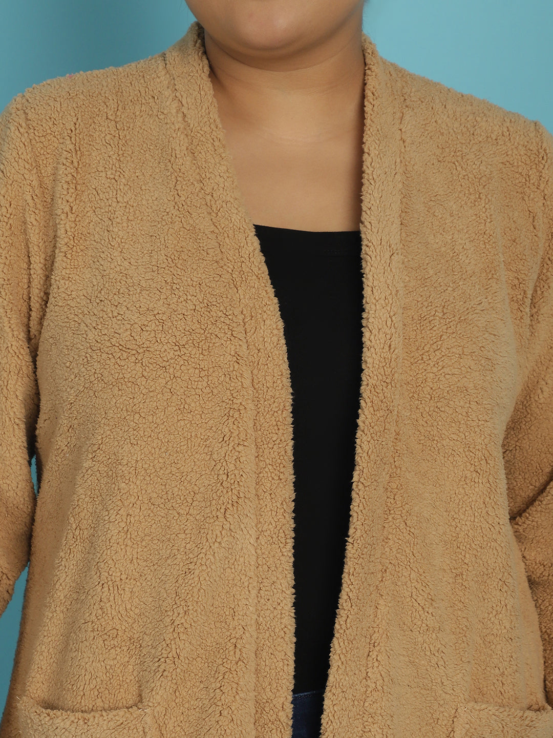 Plus Size Women's Solid Color Teddy Longline Jacket