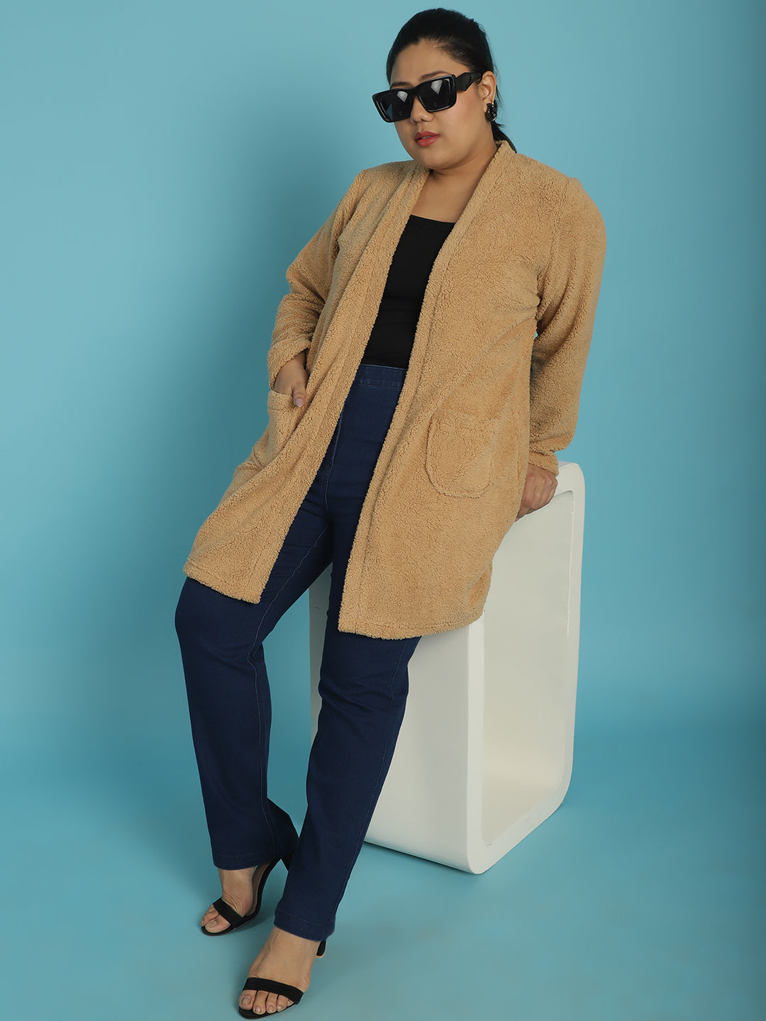 Plus Size Women's Solid Color Teddy Longline Jacket