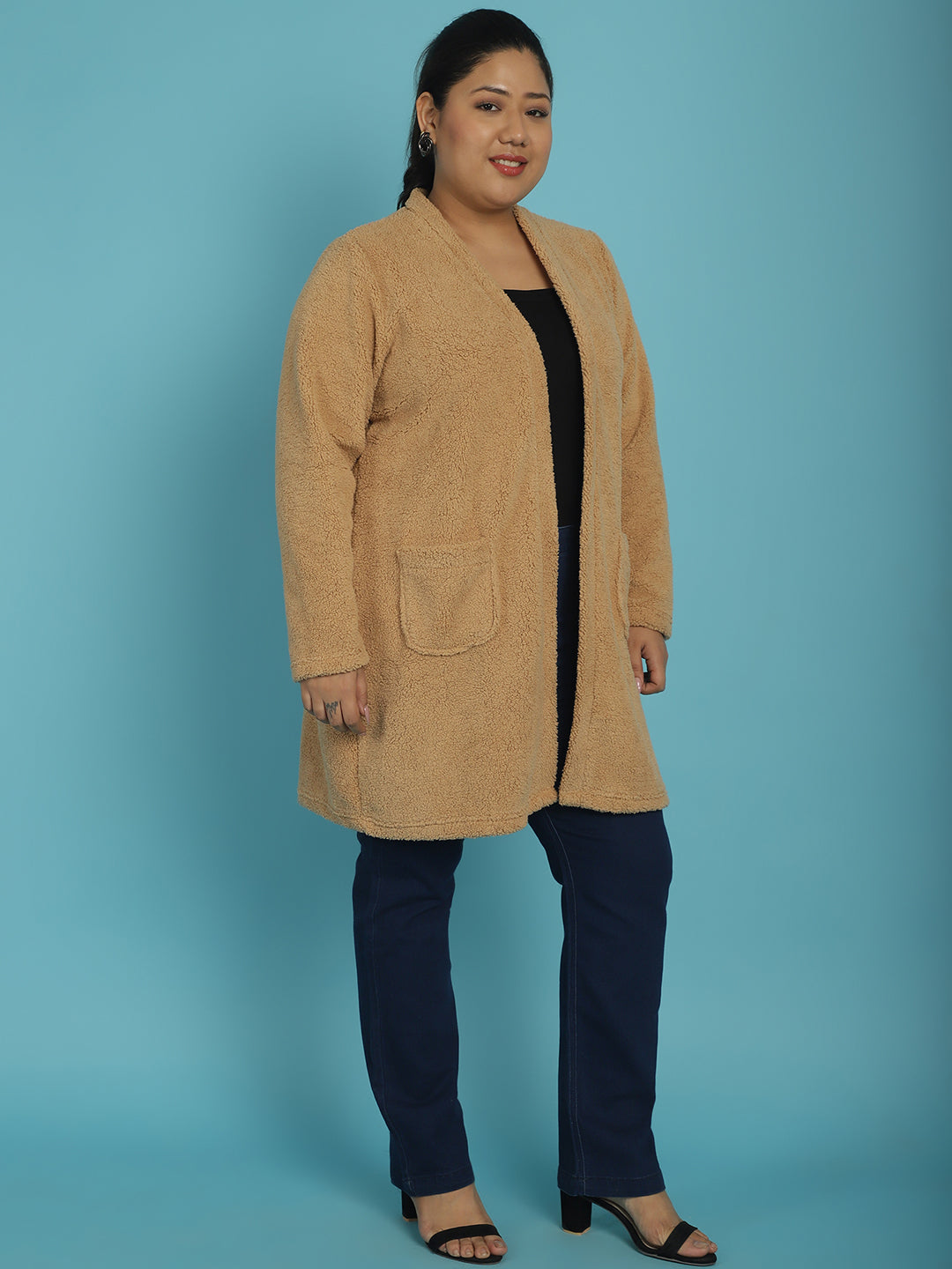 Plus Size Women's Solid Color Teddy Longline Jacket
