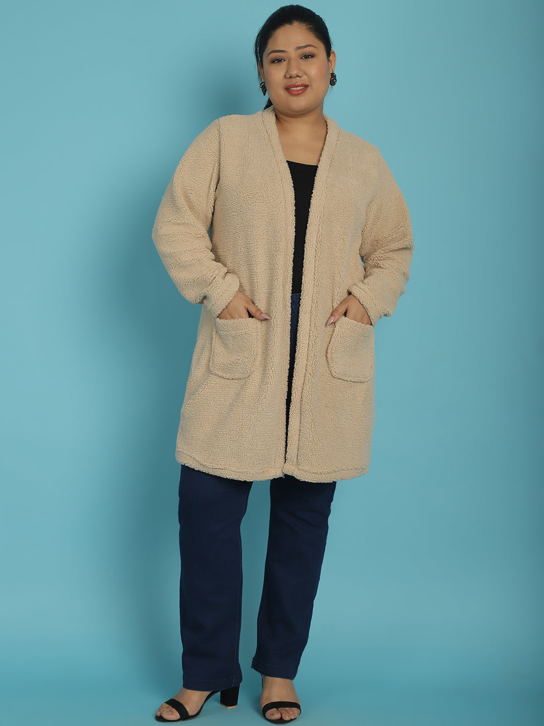 Plus Size Women's Solid Color Teddy Longline Jacket