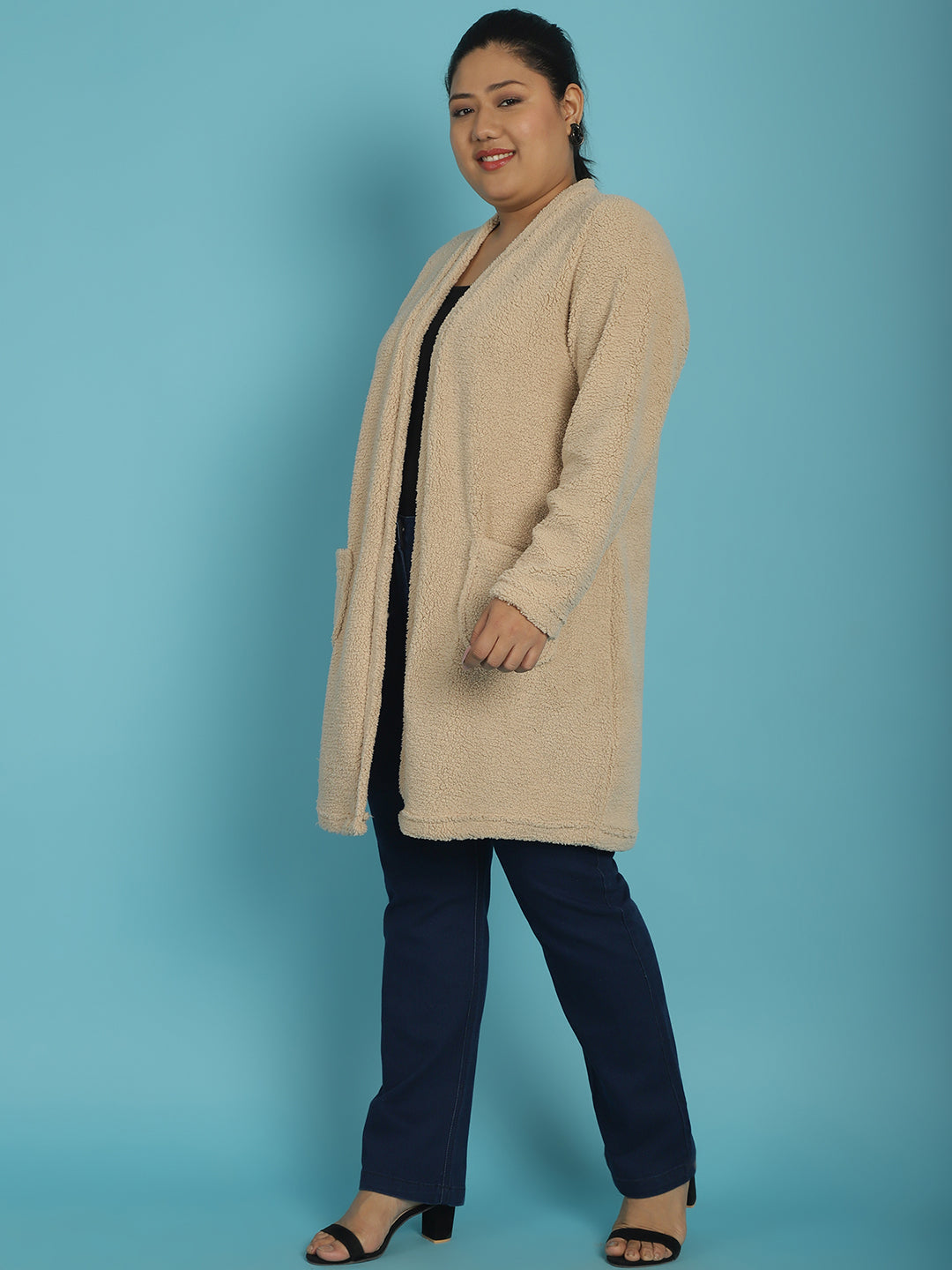 Plus Size Women's Solid Color Teddy Longline Jacket