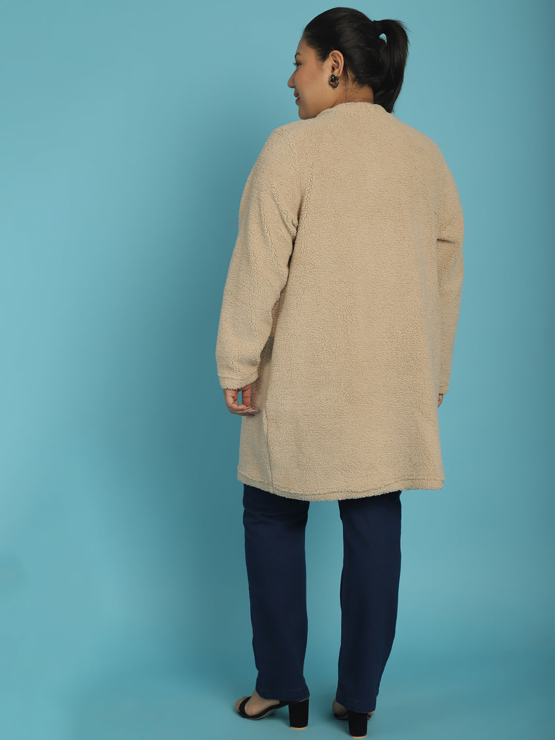 Plus Size Women's Solid Color Teddy Longline Jacket