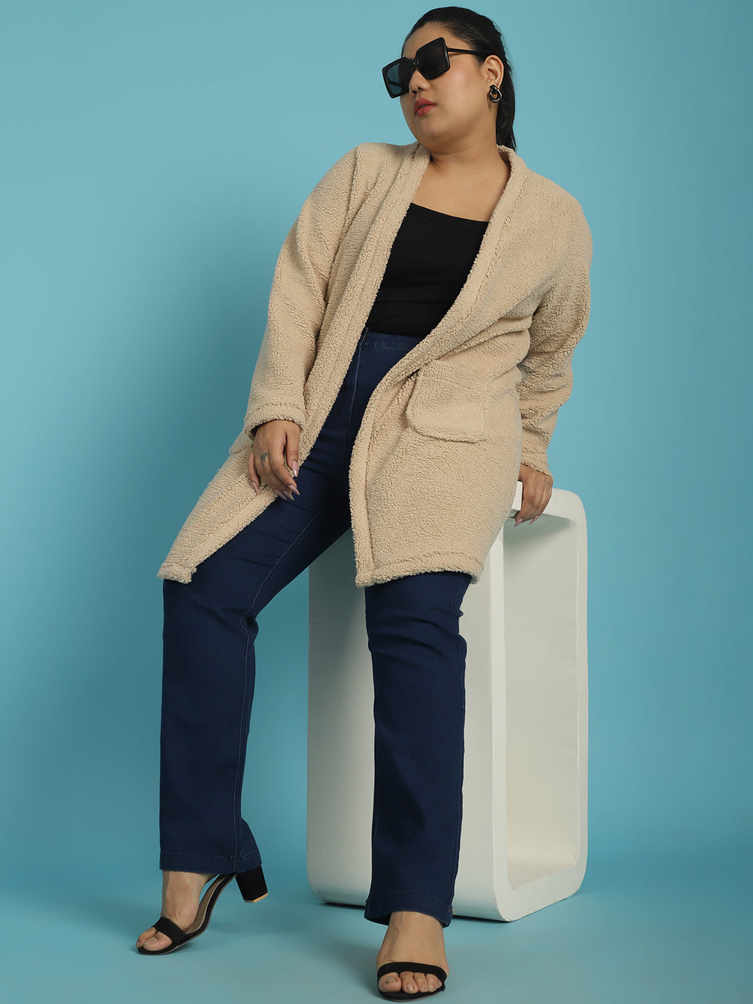 Plus Size Women's Solid Color Teddy Longline Jacket