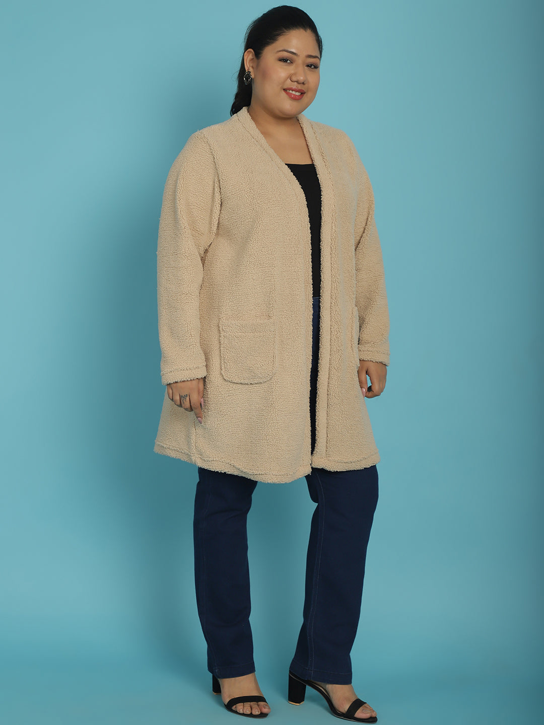 Plus Size Women's Solid Color Teddy Longline Jacket