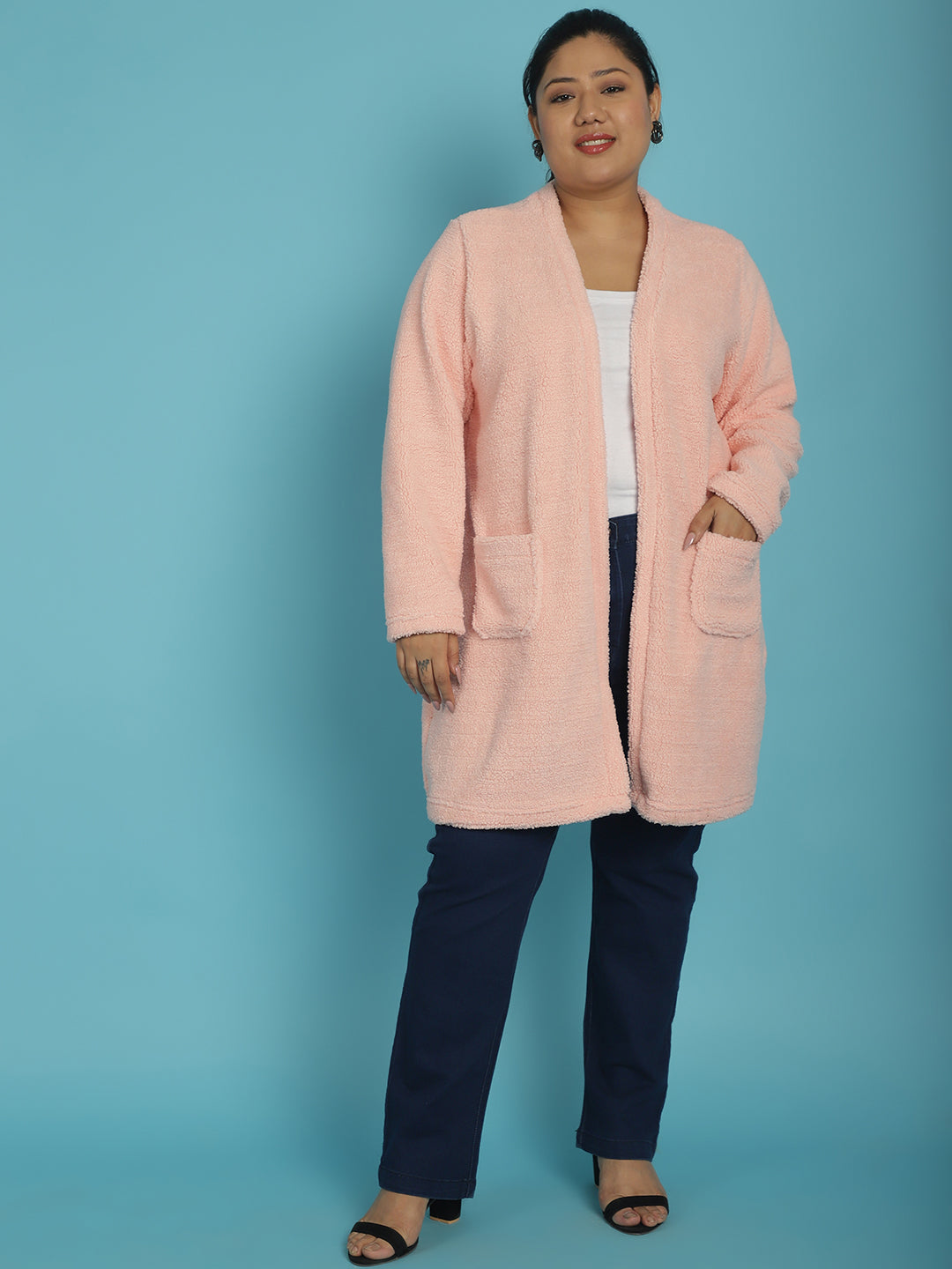 Plus Size Women's Solid Color Teddy Longline Jacket
