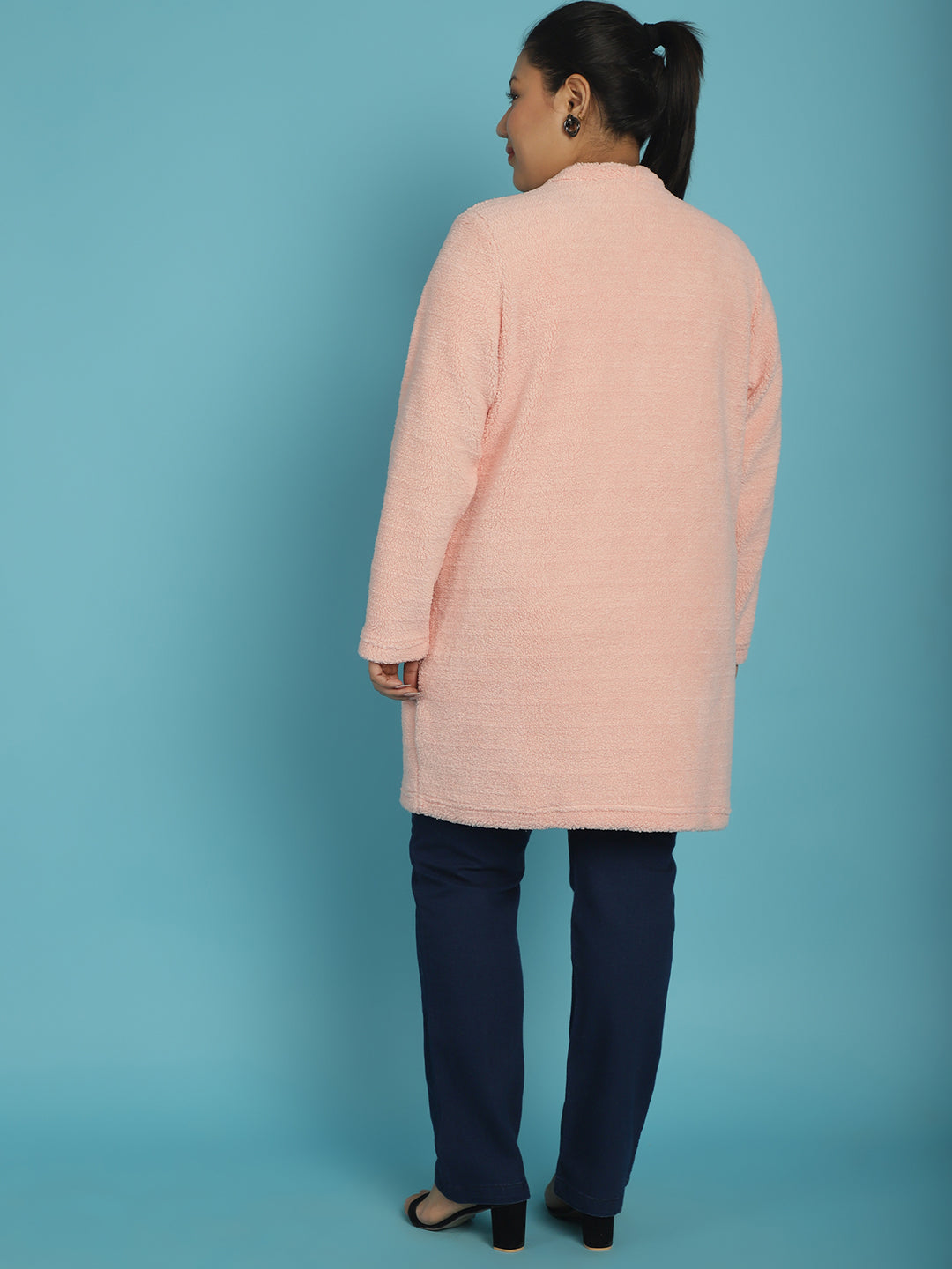 Plus Size Women's Solid Color Teddy Longline Jacket