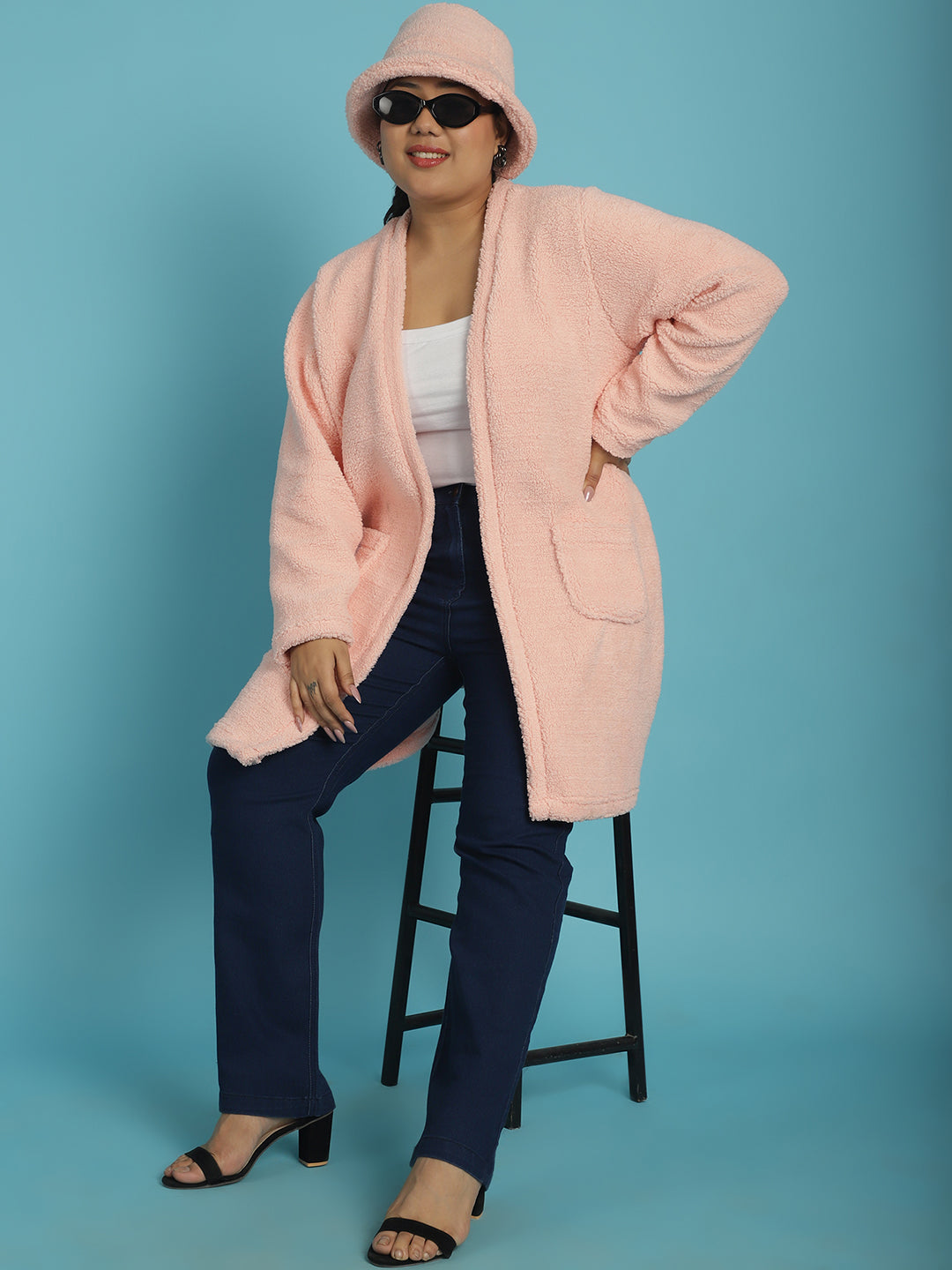Plus Size Women's Solid Color Teddy Longline Jacket