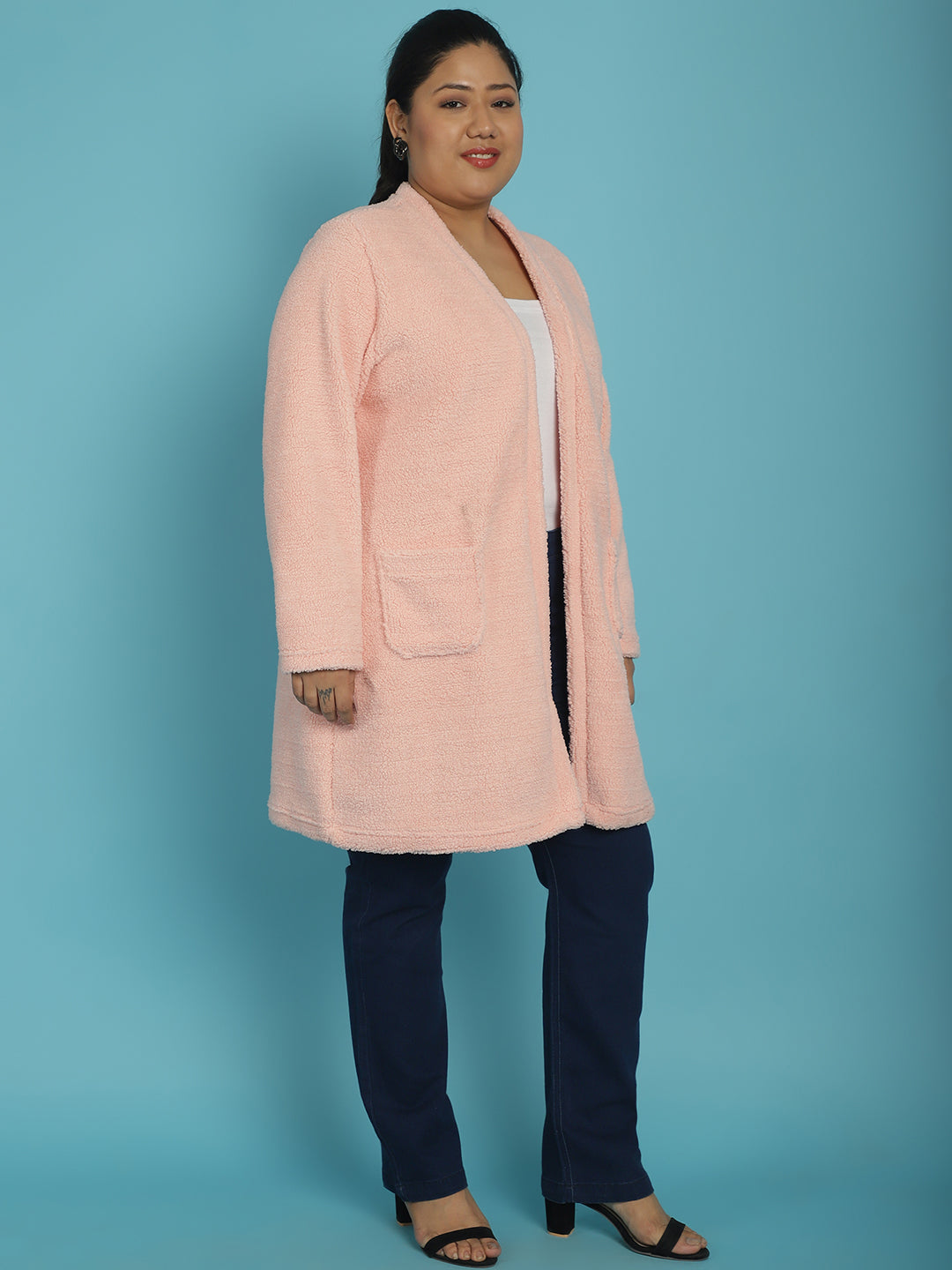 Plus Size Women's Solid Color Teddy Longline Jacket