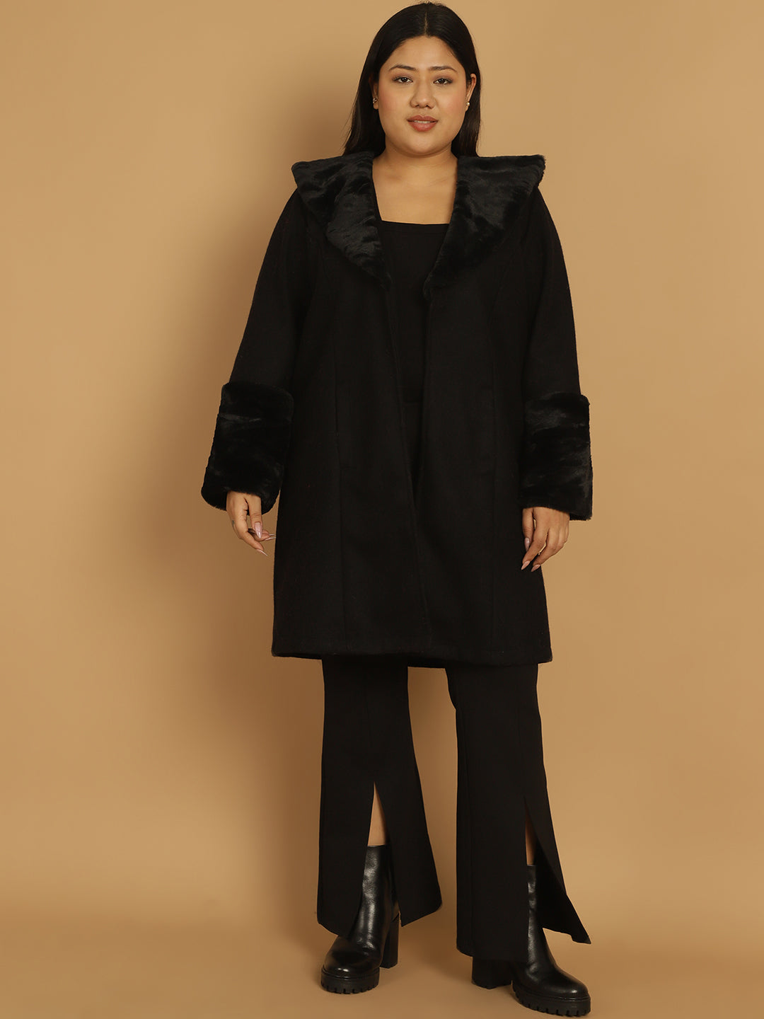 Women Plus Size Spread Collar Longline Open Front Overcoat