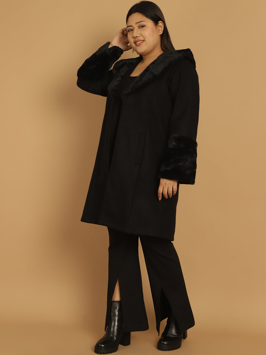 Women Plus Size Spread Collar Longline Open Front Overcoat