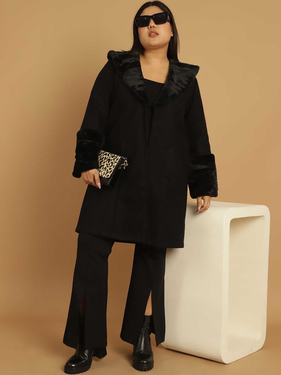 Women Plus Size Spread Collar Longline Open Front Overcoat