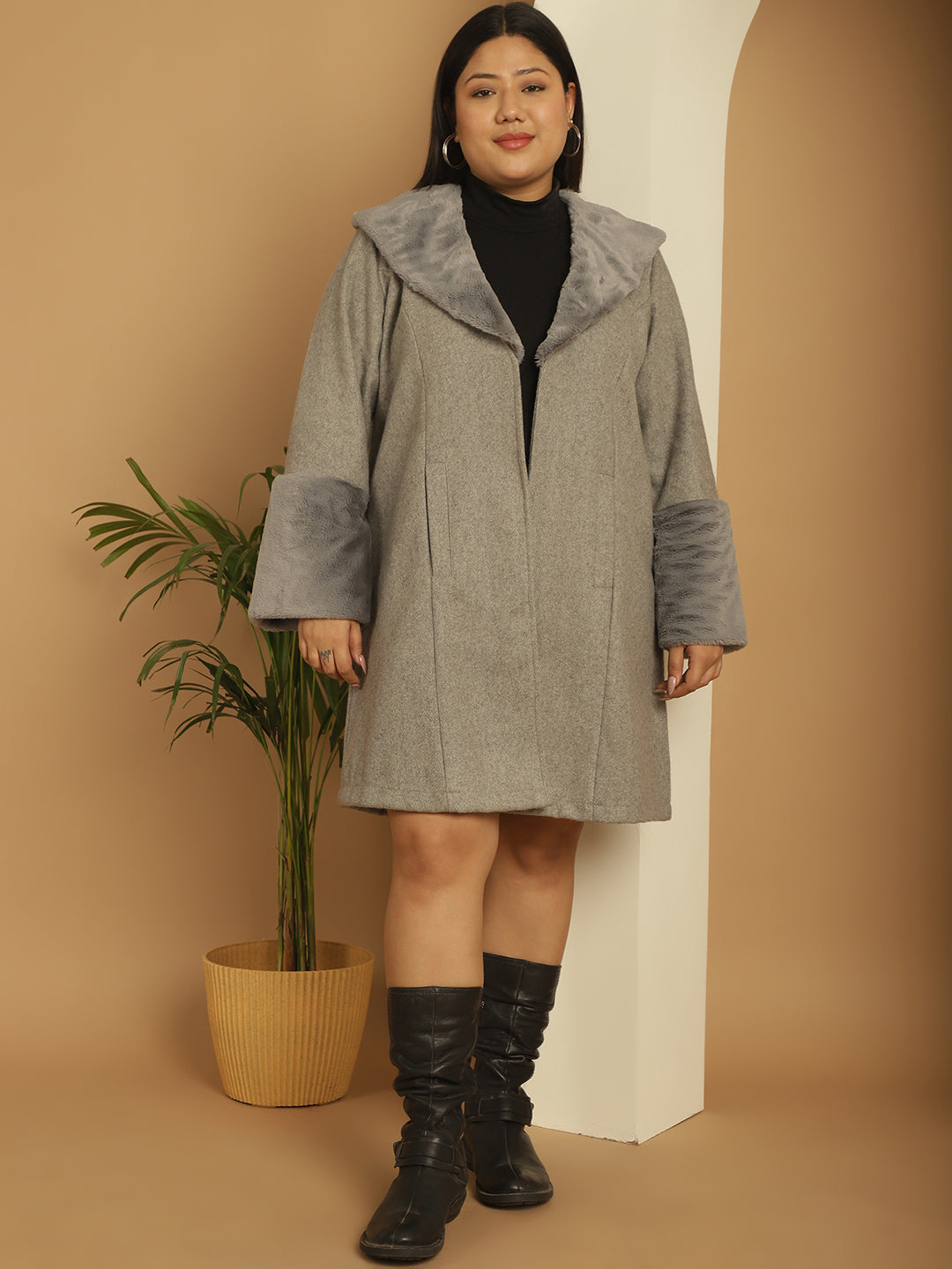 Women Plus Size Spread Collar Longline Open Front Overcoat