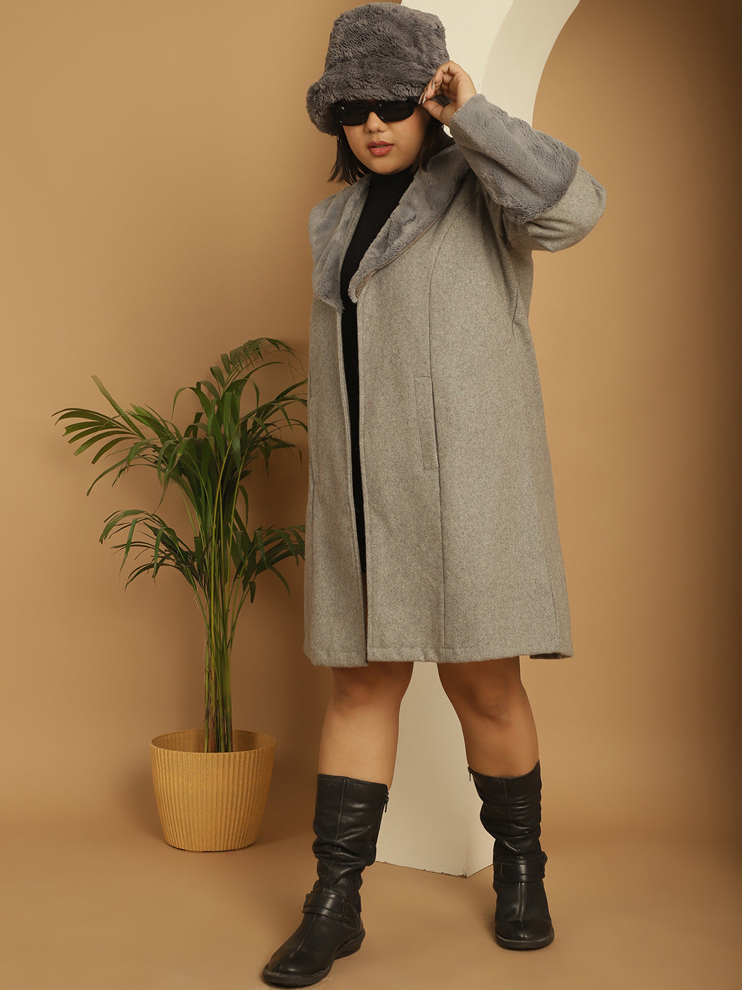 Women Plus Size Spread Collar Longline Open Front Overcoat