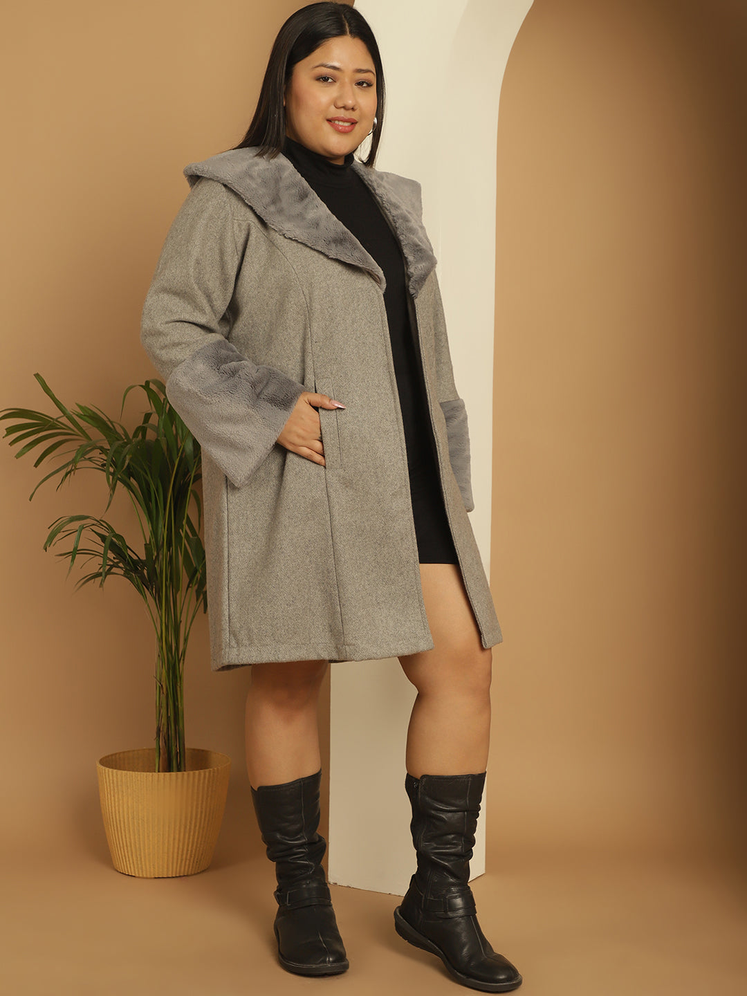 Women Plus Size Spread Collar Longline Open Front Overcoat