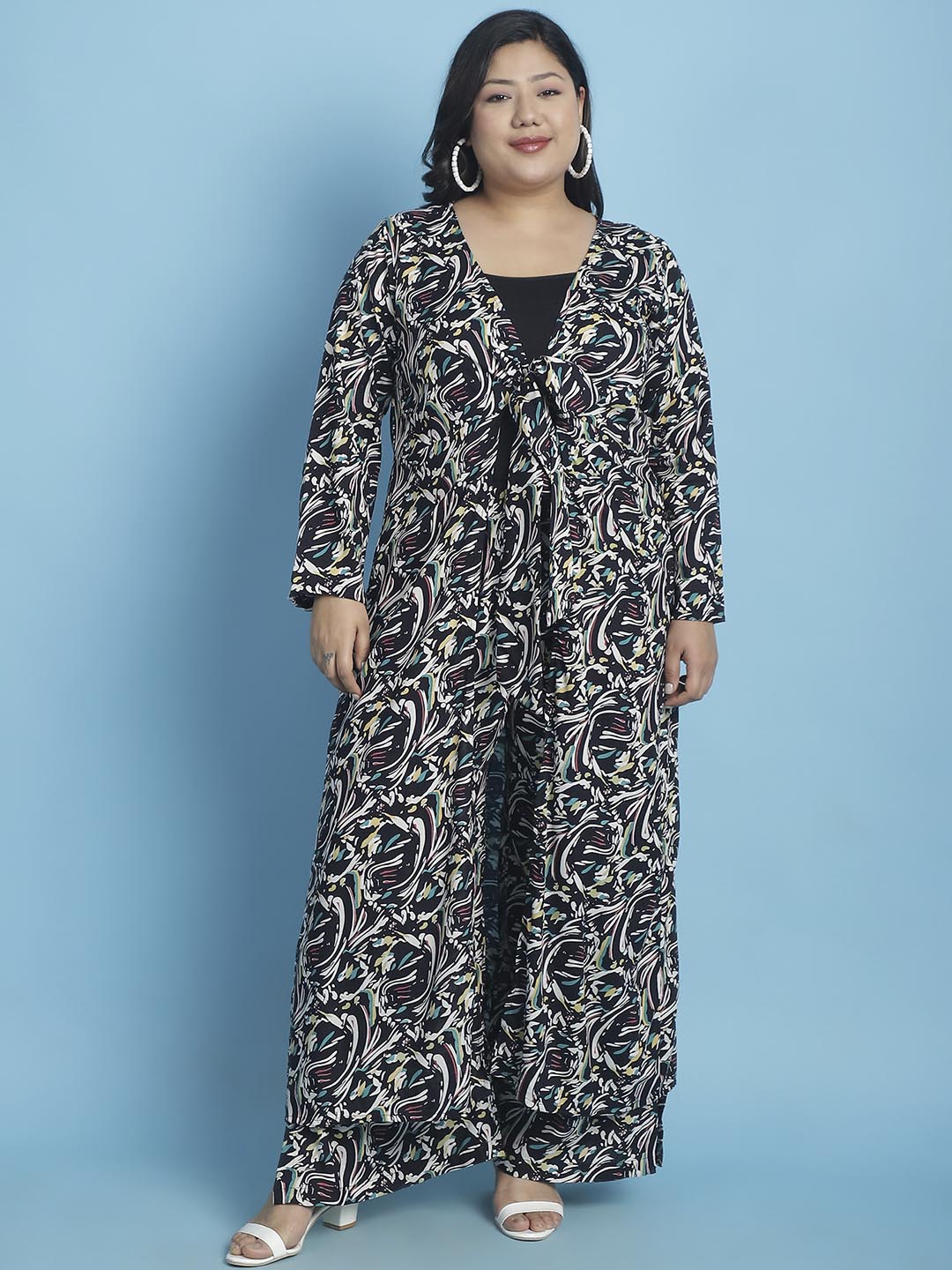 theRebelinme Plus Size Abstract Printed Longline Tie-Up Shrug
