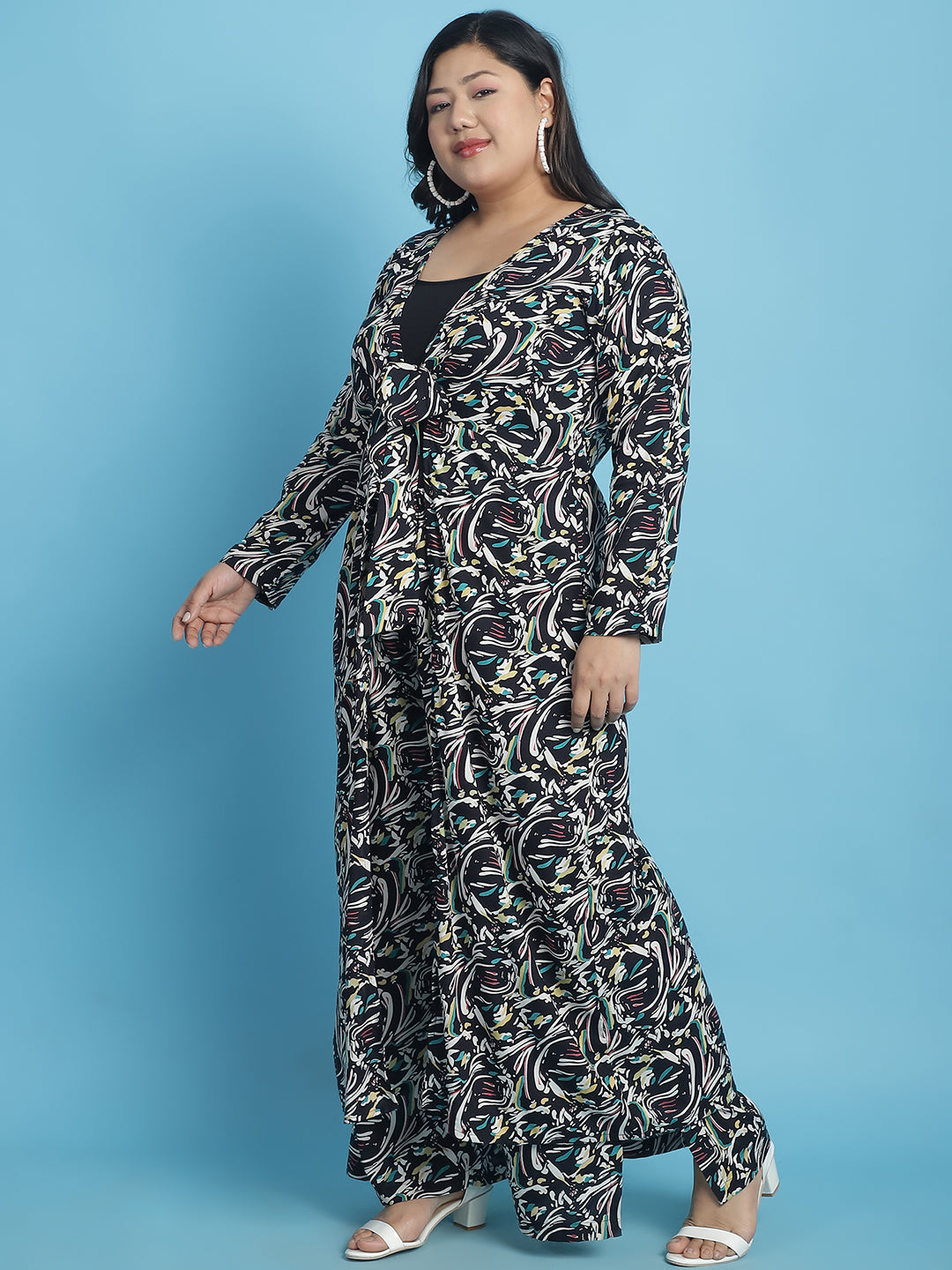 theRebelinme Plus Size Abstract Printed Longline Tie-Up Shrug