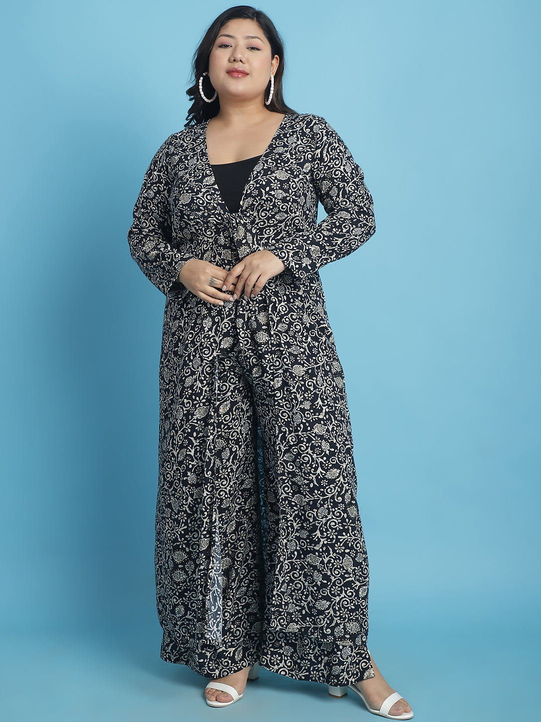 theRebelinme Plus Size Abstract Printed Longline Tie-Up Shrug