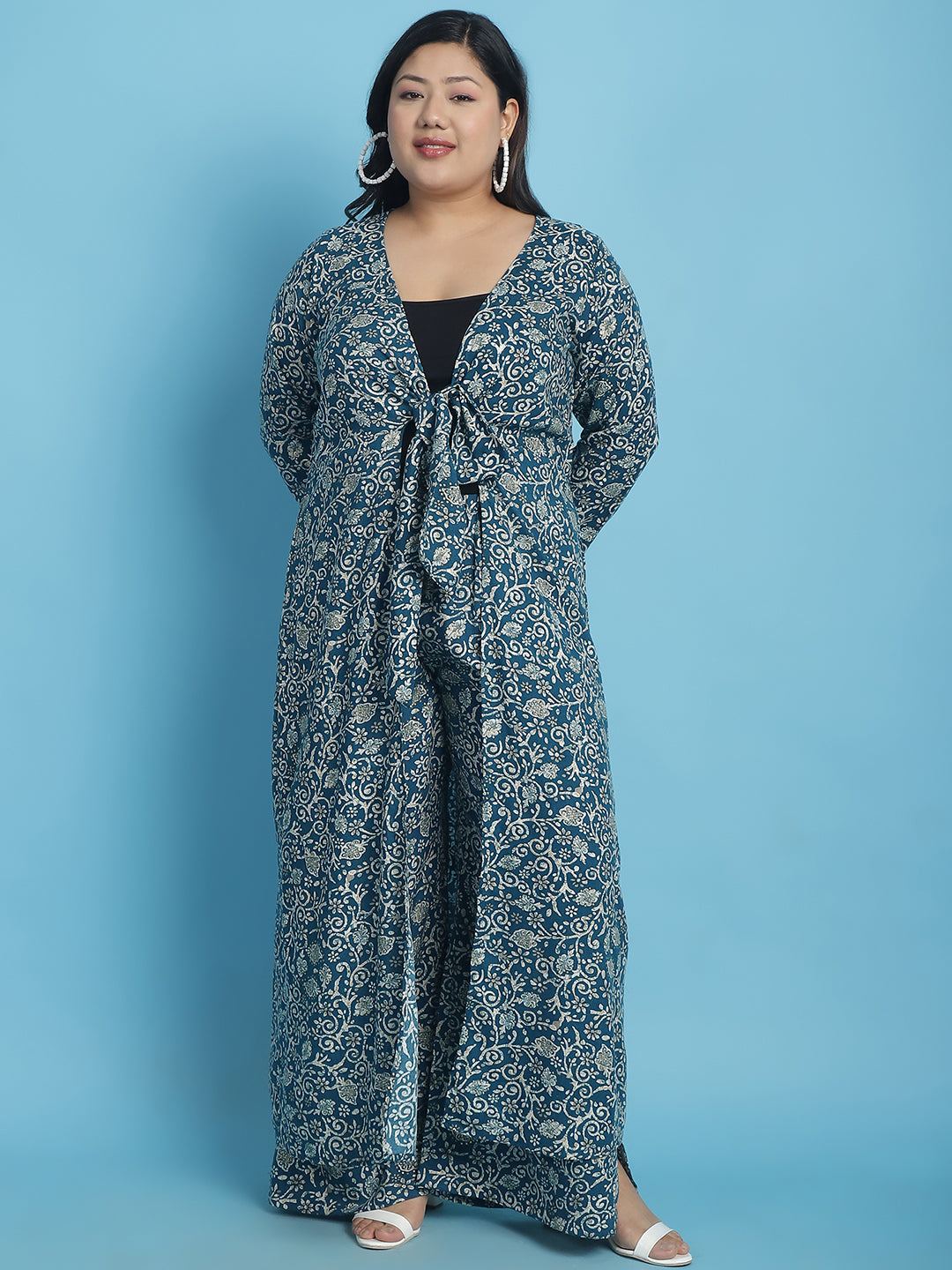 theRebelinme Plus Size Abstract Printed Longline Tie-Up Shrug