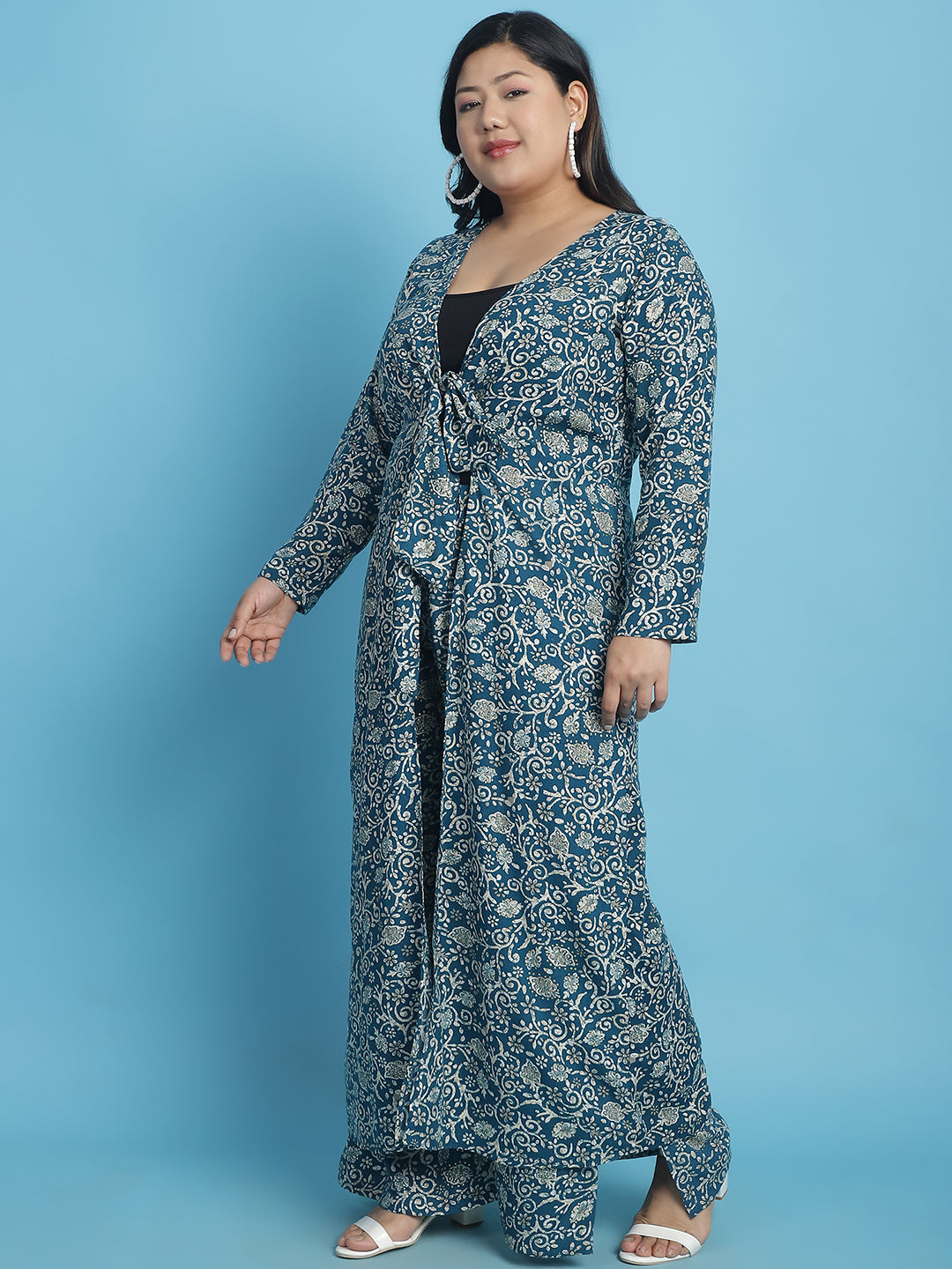theRebelinme Plus Size Abstract Printed Longline Tie-Up Shrug